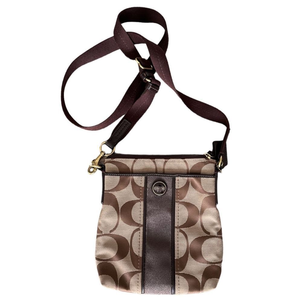 COACH Turbury‎ Brown Monogram SuttonSignature Stripe Crossbody Bag Purse